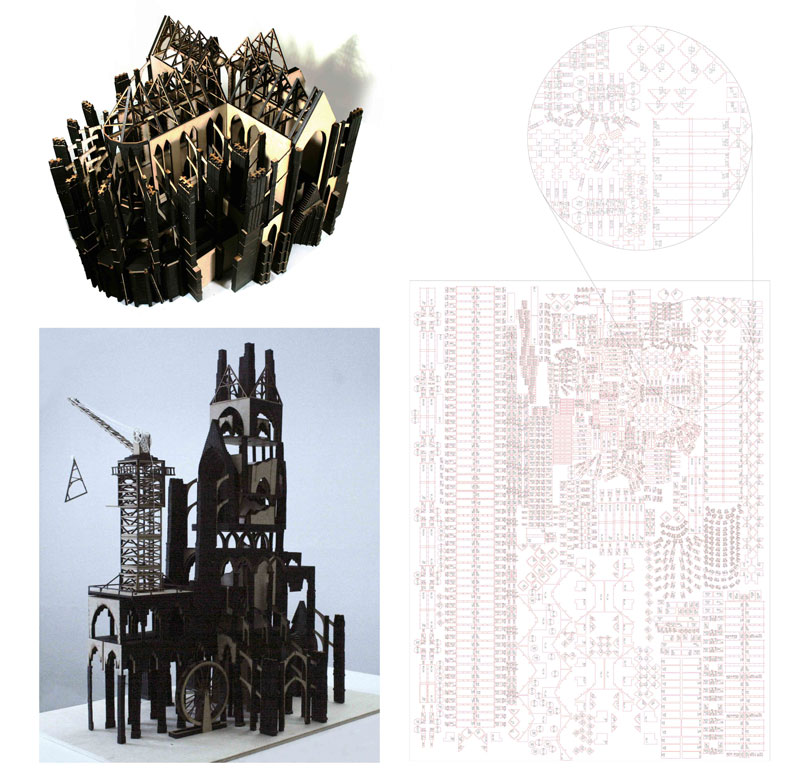 1:100 scale laser-cut model, derived from 7500 individual stone pieces to form a 'gothic kit of parts'. To be reconfigured as a revival of the gothic form. A futuristic reconfiguration in the form of a tower allows for natural light to permeate a multilayered commercial, cathedral tower.